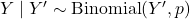 Y \mid Y' \sim \mathrm{Binomial}(Y', p)