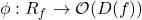 \phi : R_f \to \mathcal{O}(D(f))